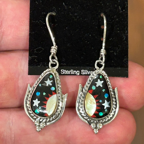 STERLING SILVER NATIVE AMERICAN INLAID CELESTIAL GALAXY CORN EARRINGS .925 - Picture 2 of 7